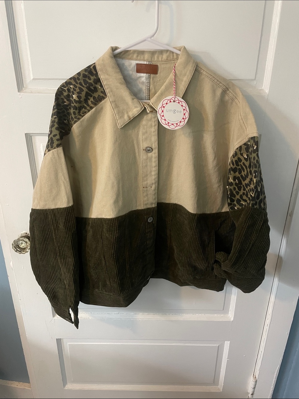 Umgee Two-Tone Corduroy & Canvas Jacket with Leopard Accents - Olive & Khaki